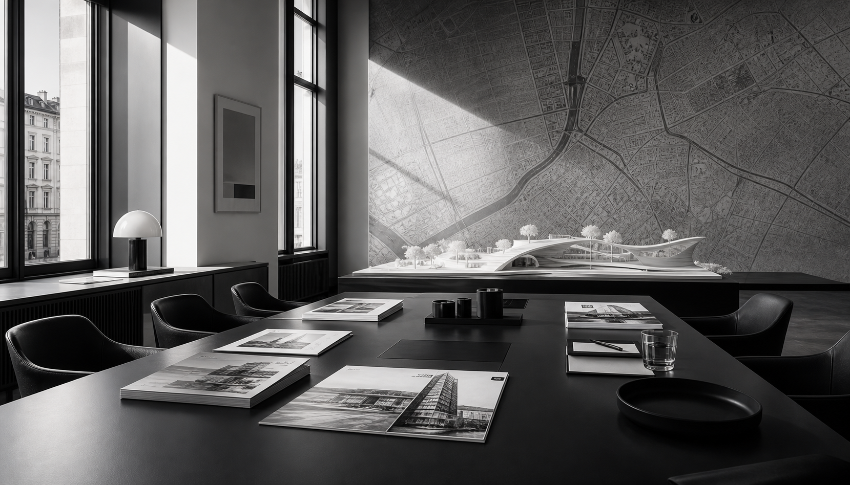 Schwarz-weisse fotorealistische Marktanalyse-Szene